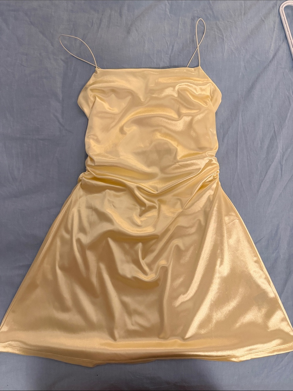 Divided Satin Spaghetti-Strap Mini Dress in Pale Yellow